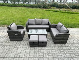 Fimous 8 Seater High Back Rattan Garden Furniture Set w/ Loveseat Sofa Rectangular Coffee Table 2 Small Footstools Indoor Outdoor Patio Lounge Sofa