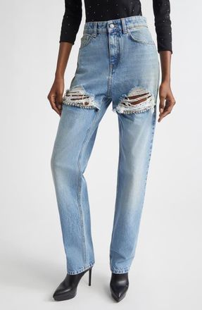 Area Crystal Slit Frayed Straight Leg Jeans in Medium Blue at Nordstrom, Size 26