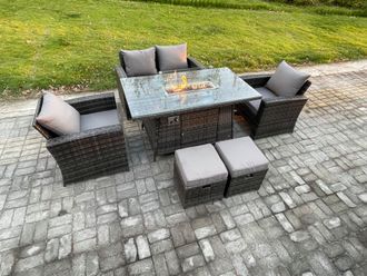 Fimous 6 Seater Outdoor Rattan Sofa Set Garden Furniture Gas Firepit Dining Table with 2 Small Footstools in Dark Grey
