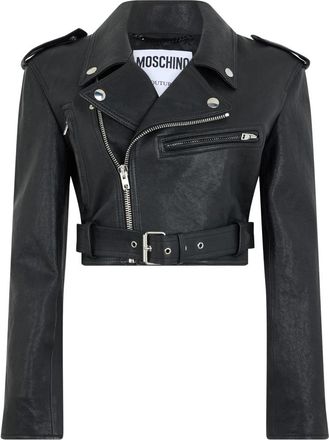 Moschino Cropped Leren Bikerjack - Dames - Leren en Su&egrave;de Jassen - Zwart - S - Leer - Jassen