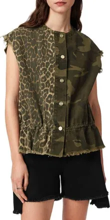 AllSaints Sofi Mixed Print Cotton Vest in Camo Leppo Green at Nordstrom, Size X-Small
