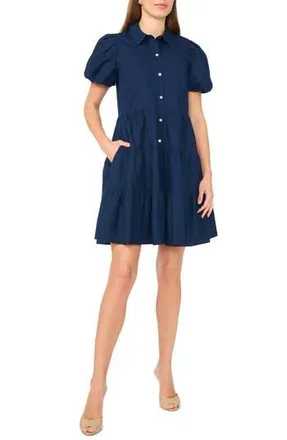 Halogen Tiered Puff Sleeve Shirtdress in Classic Navy at Nordstrom Rack, Size X-Large