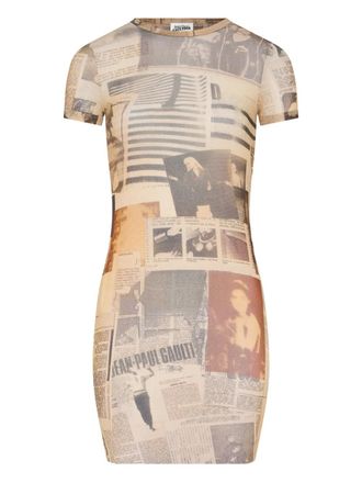 Jean Paul Gaultier journal-print mini dress - women - Polyamide - M - Neutrals