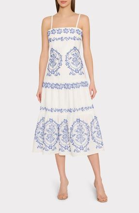 Milly Lela Placed Embroidery Linen & Cotton Midi Dress in White/Blue at Nordstrom, Size 10