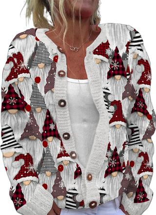 Generic Christmas Sweaters for Women Ugly Funny Xmas Tree Open Front Cardigan Button Knit Long Sleeves Fall Winter Coat Outwear