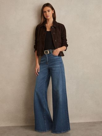 Reiss Mid Blue Petite Stretch-cotton Wide-leg Jeans, 25
