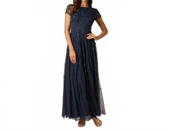 Adrianna Papell Beaded Appliqu&eacute; Gown In Navy