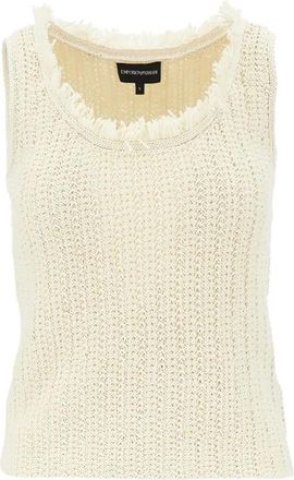 Emporio Armani Sleeveless Tops, female, Beige, Size: XS Fringed Trim Sleeveless Round Neck