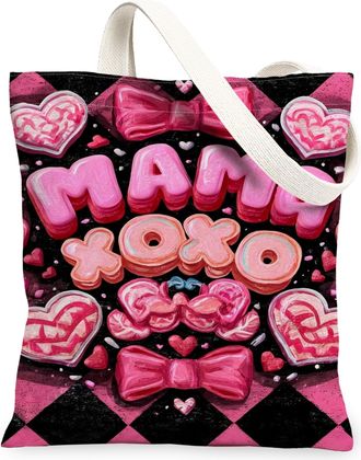 Generic ValentineS Day Hearts Canvas Tote Bags, Cute Bow Pattern Reusable Shopping Bags, Lightweight Washable Shoulder Strap, Peach, 13x15 Inch