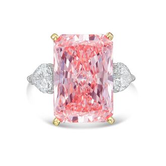 Diana M. Jewels 18kt Yellow gold Lab grown 10ct Fancy pink radiant diamond ring with heart diamonds on the side and micropave band