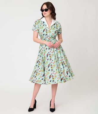 Unique Vintage 1950s Collared Shirt Dress in Green Sushi Print at Nordstrom, Size X-Large