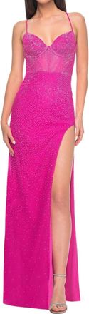 La Femme Stunning Fitted Net Prom Dress In Hot Pink