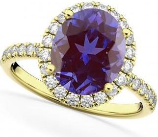 Allurez Oval Cut Halo Lab Alexandrite & Diamond Engagement Ring 14K Yellow Gold 2.91ct
