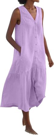 Generic Cotton Linen Dresses for Women UK Button Down V-Neck Sleeveless Dress Casual Summer Loose Baggy Long Dress Solid Color Plus Size Flowy Beach Holiday S
