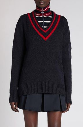Moncler Padded V-Neck Sweater in Dark Navy Blue at Nordstrom, Size Small
