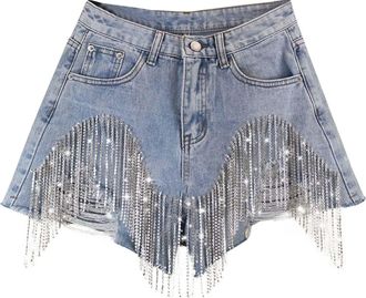 Generic Summer Fringed Chain Shorts for Women Stretch Cropped Washed Denim Shorts Ripped A-line Fashion Trousers for Ladies High Waisted Hot Wide Leg Short Ca