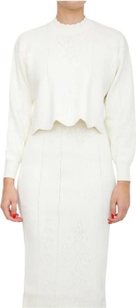 Twinset Cropped trui met geschulpte zoom - Dames - Ronde hals truien - Wit - M - Wol - Truien & Vesten