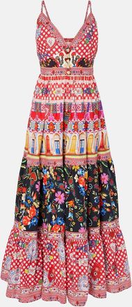 Camilla Abito lungo in cotone a balze con stampa