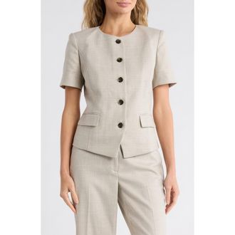 DKNY Windowpane Short Sleeve M&eacute;lange Jacket in Pebble/White Combo at Nordstrom Rack, Size 16
