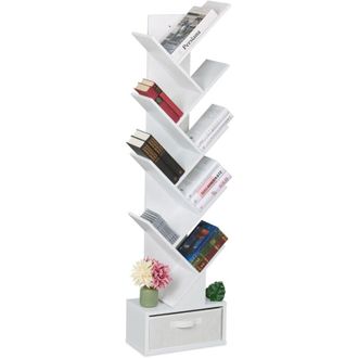 Relaxdays Relaxdays - Tree Bookshelf, 9-Tier Bookcase, hwd: 146 x 38 x 22 cm, Storage for Books & CDs, Free-Standing, Drawer, White