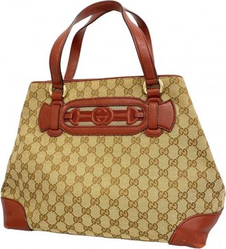 Gucci Beige Red Color Canvas Tote Bag (Pre-Owned)