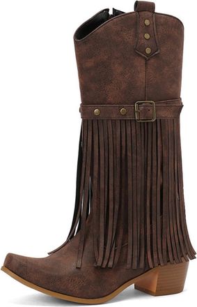 Generic Womens Fringe Decorated Pointed Toe Faux Leather Cowboy Boots Chunky Heel Mid Calf Boots Stylish Comfortable For Fashion Party Daily,Brown,3.5 UK