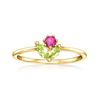 RS Pure by Ross-Simons Rhodolite Garnet and. Peridot Flower Ring in 14kt Yellow Gold