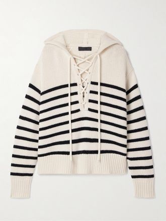 Nili Lotan Maglia In Cashmere A Righe Con Cappuccio E Lacci Noemi - Avorio