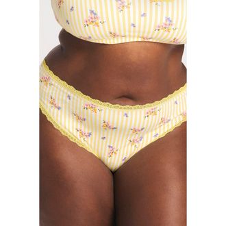 Savage x Fenty Essentials Lace Trim Stretch Cotton Cheeky Briefs in Angel White Classic Floral Str at Nordstrom, Size X-Small