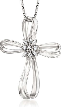 Ross-Simons Diamond Ribboned Cross Pendant Necklace in Sterling Silver