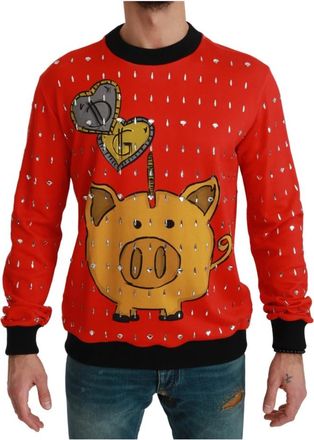 Dolce & Gabbana Kristallen Varken van het Jaar Trui - Heren - Ronde hals truien - Rood - S - Katoen - Truien & Vesten