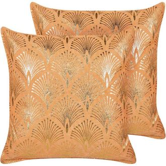Beliani Beliani - Conjunto De 2 Cojines De Algod&oacute;n Glamour Moderno Dise&ntilde;o Geom&eacute;trico Dorado Hecho A Mano Funda Extra&iacute;ble 45 X 45 Cm Naranja Hoya
