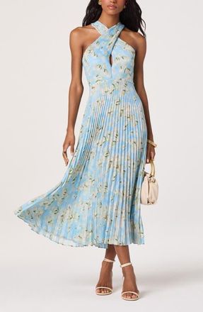 ASTR the Label Samantha Floral Print Halter Dress in Blue Floral at Nordstrom, Size Medium