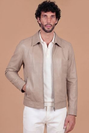 D'Arienzo Giacca in pelle naturale sabbia effetto liscio collo camicia DArienzo, Seleziona Taglia 48, Colore Beige