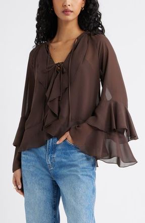 Open Edit Chiffon Ruffle Trim Top in Brown Seal at Nordstrom, Size Xx-Small