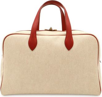Herm&egrave;s Beige Red Color Toile H Leather Boston Bag (Pre-Owned)