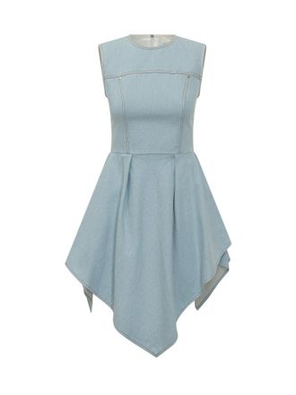 Msgm Blue Solid Round Neck Mini Dress