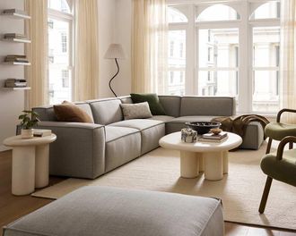 Castlery Jonathan Extended Side Chaise Sectional Sofa Right Facing, Performance Twill Dove Grey, Modular, Low-Profile, Castlery