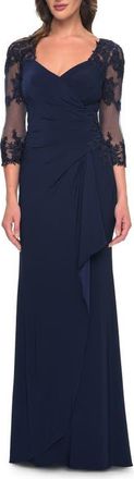 La Femme Lace and Net Jersey Gown with Illusion Sleeves in Navy at Nordstrom, Size 12