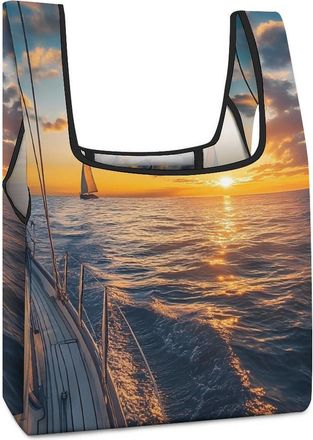 Generic Sailboat And Sea Shopping Bag Reusable Grocery Tote Bag Foldable Handbag for Travel Picnic