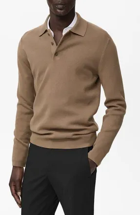 Mango Long Sleeve Piqu&eacute; Polo in Medium Brown at Nordstrom, Size Small
