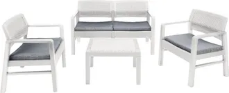 Dmora Set salotto da esterno Agnelo, Composizione da giardino con 2 poltrone, 1 divano ed 1 tavolino, Salottino effetto rattan con cuscini, 100% Made in