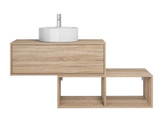 Vente-Unique Mueble de ba&ntilde;o suspendido de natural claro con lavabo redondo - 1 caj&oacute;n y 2 estantes - 94 cm - TEANA II