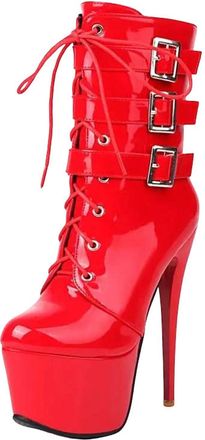Generic Womens Sexy Platform Ankle Boots Round Toe Super High Stiletto Heel Slip On With Belt Buckle For Party Wear
