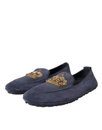 Dolce & Gabbana Mens Blue Leather Suede Crystal Crown Loafers Shoes Calf