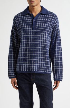 The Elder Statesman Dume Grid Cashmere Rugby Sweater in Silver Grid/Navy at Nordstrom, Size X-Large