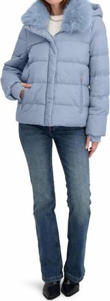 Elie Tahari Short Quilted Puffer Jacket With Faux Fur Collar & Detachable Hood In Powder Blue