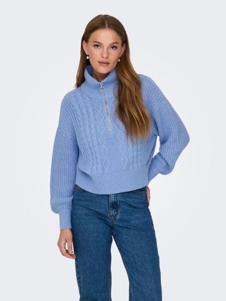 Only Stehkragenpullover ONLY ONLDORITTA LS CABLE ZIP HIG NECK KNT, Damen, Gr. M, grapemist, Strick, Obermaterial: 60% Baumwolle, 40% Polyacryl, unifarben, 