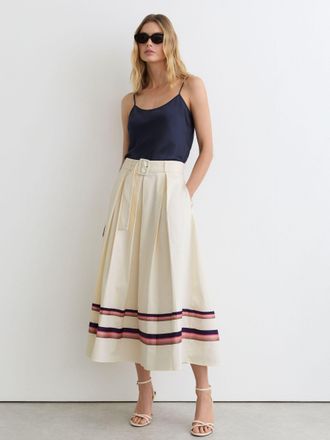 Reiss Cream Cotton Stripe-detail Belted Midi Skirt, 12