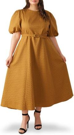 Flying Tomato Belted Houndstooth Puff Sleeve Maxi Dress in Camel at Nordstrom Rack, Size 2 X